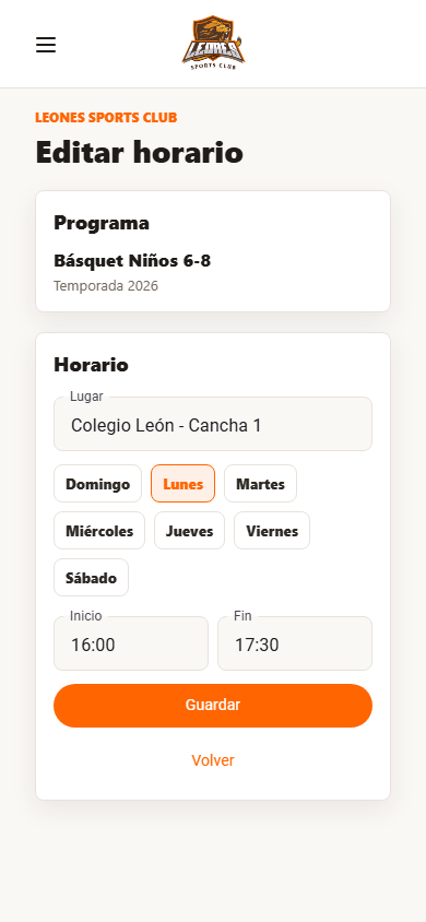 Admin Programas Horario Practice Basket Mon
